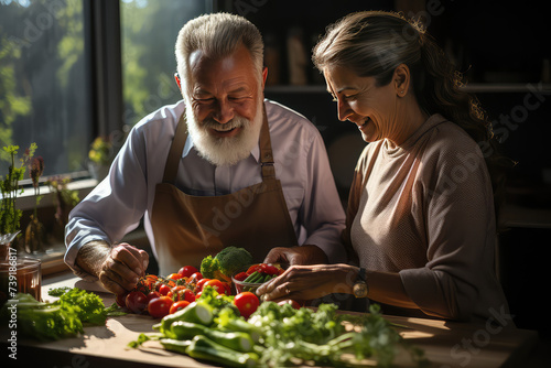 Older couple is making salad in their kitchen