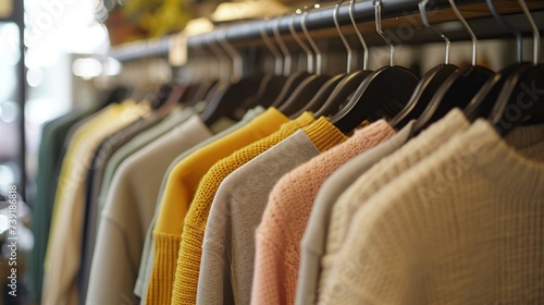 A selection of cozy knitwear hangs on a rack, showcasing a variety of autumnal colors and textures, ideal for fashion retail or seasonal wardrobe themes, with a blurred background.