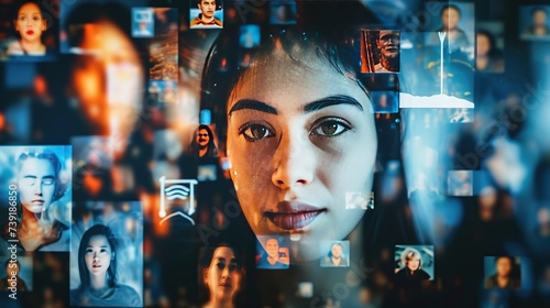 A mosaic of faces and digital elements converge on a woman's face, encapsulating AI's impact on society and individual identity, ideal for discussions on technology, ethics, and the digital world #739186850