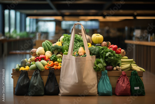 A compelling documentary style photograph capturing the widespread adoption of reusable bags and shopping totes emphasizing their role in promoting sustainability photo