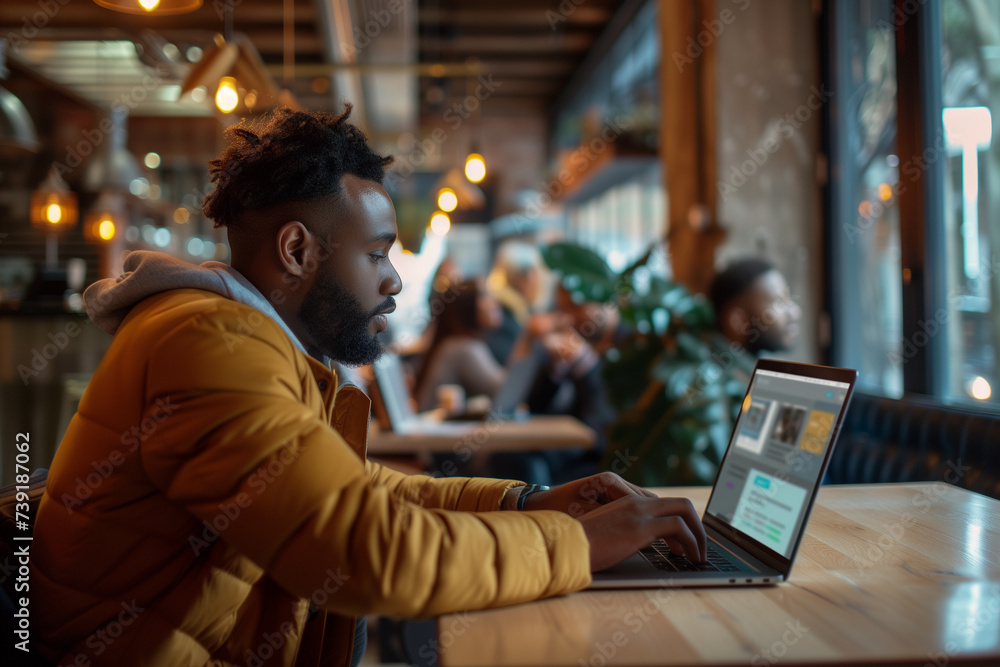 A professional working remotely in a cafe using a laptop connected to a 5G network The screen displays a large file being downloaded in seconds a testament to the