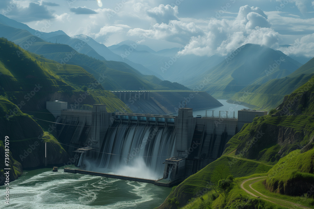 A sprawling hydroelectric power plant nestled in a lush green valley The vast dam harnesses the power of a mighty river with water cascading down spillways against the backdrop