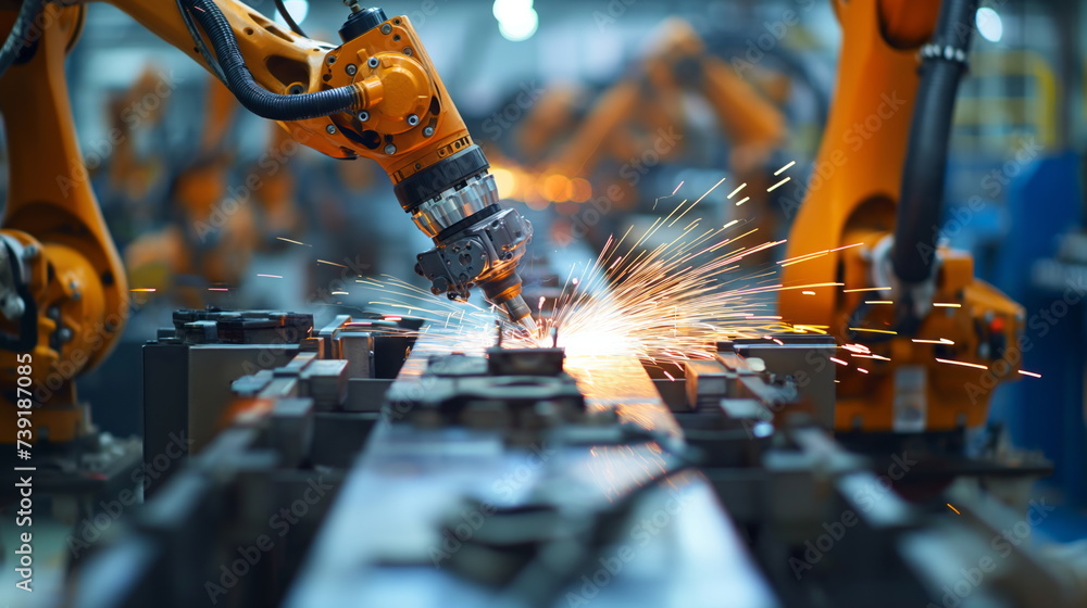 Welding robotics automatic arms machine in factory automotive industrial. Blurred digital manufacturing operation. Automated Robotic Conveyor Line - obrazy, fototapety, plakaty 