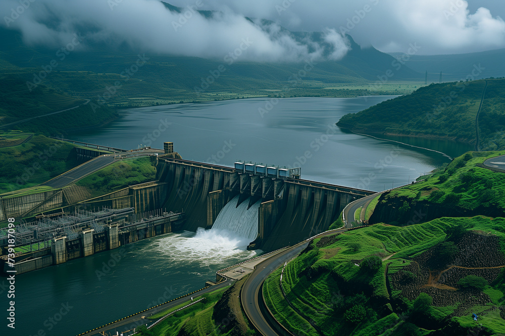 Fototapeta premium A sprawling hydroelectric power plant nestled in a lush green valley The vast dam harnesses the power of a mighty river with water cascading down spillways against the backdrop