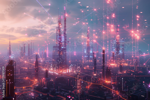 A futuristic illustration of a smart city powered by 5G technology focusing on its industrial applications The artwork depicts a vibrant ecosystem where