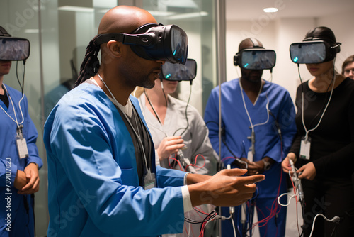 A group of medical students gathered around a VR training setup where one of their peers equipped with a VR headset and haptic feedback gloves performs a photo