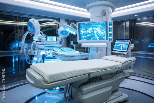 A state of the art robotic arm conducting a delicate surgical procedure in a sterile modern operating room The robot is equipped with precision instruments and a