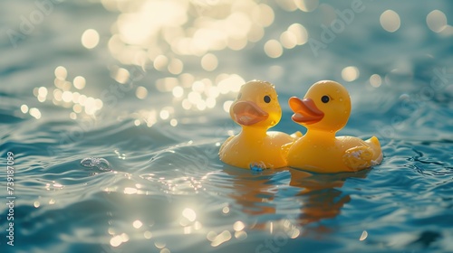 Two yellow rubber ducks float on calm waters with a bokeh effect of sunlight reflecting on the surface, evoking a peaceful, playful bath time scene, suitable for child-related applications