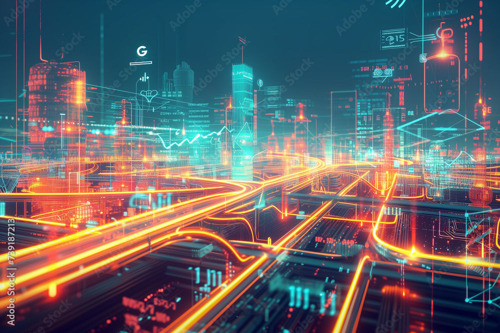 An abstract conceptual visualization of 5G technology as the backbone of a digital industrial revolution The illustration uses a mix of geometric shapes and An abstract conceptual visualization of 5G technology as the backbone of a digital industrial revolution The illustration uses a mix of geometric shapes and