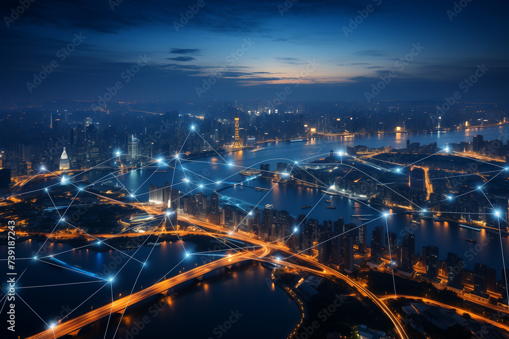 An aerial view of a sprawling smart city at twilight where IoT systems seamlessly integrate into urban life Skyscrapers equipped with energy efficient sensors
