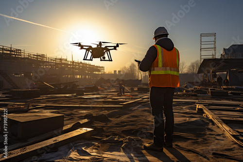 An aerial drone with a compact high tech design inspecting a large construction site It is equipped with thermal imaging and LIDAR sensors capturing real time data of the photo