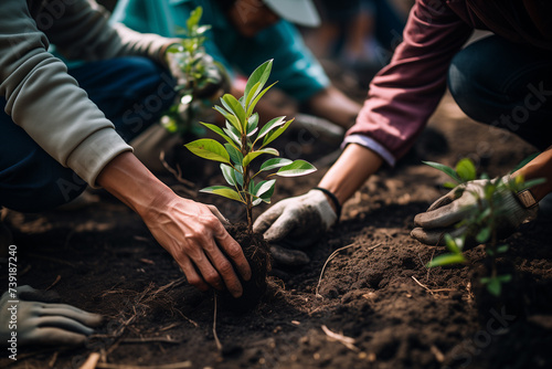 An editorial photography style snapshot of a diverse group of volunteers planting trees showcasing the importance of sustainability and community involvement with a focus on the hands on action and