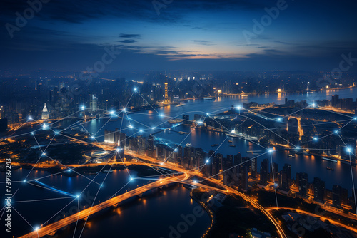 An aerial view of a sprawling smart city at twilight where IoT systems seamlessly integrate into urban life Skyscrapers equipped with energy efficient sensors