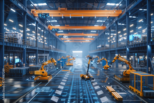 An expansive industrial warehouse equipped with automated machinery and robots all seamlessly connected via 5G technology The image showcases a network of drones scanning