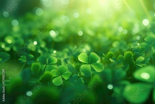 Background of green clover leaves on a blurred background. St. Patrick's Day. An Irish holiday.