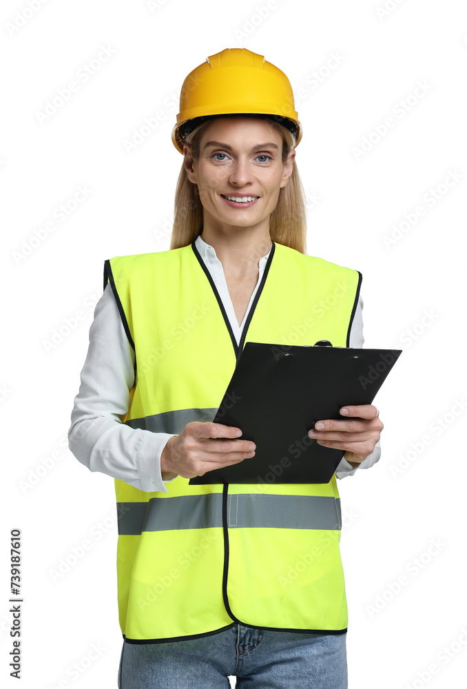 Engineer in hard hat holding clipboard on white background Engineer in hard hat holding clipboard on white background