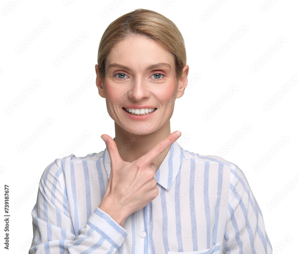 Woman showing her clean teeth and smiling on white background Woman showing her clean teeth and smiling on white background