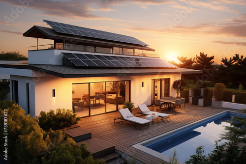 Magazine style photography featuring solar panels on a house roof emphasizing the aesthetics and functionality of green technology in residential areas with a warm sunset background