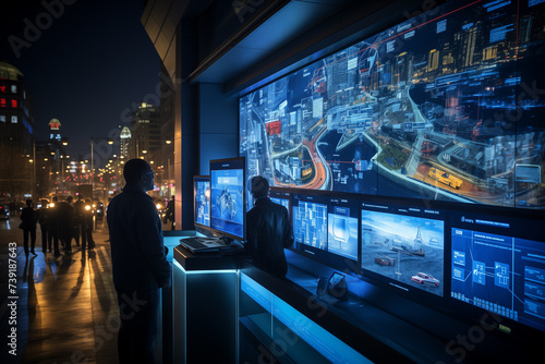 The interior of a smart citys control center where large screens display real time data from various IoT devices across the city Engineers and city planners monitor and