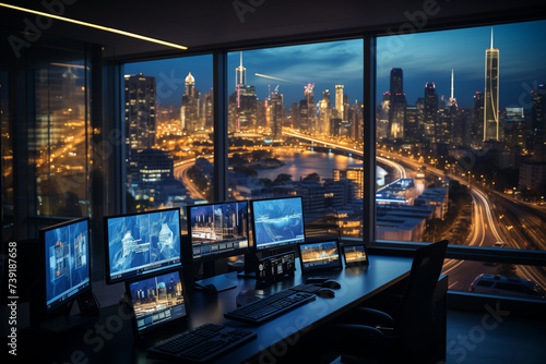 The interior of a smart citys control center where large screens display real time data from various IoT devices across the city Engineers and city planners monitor and photo