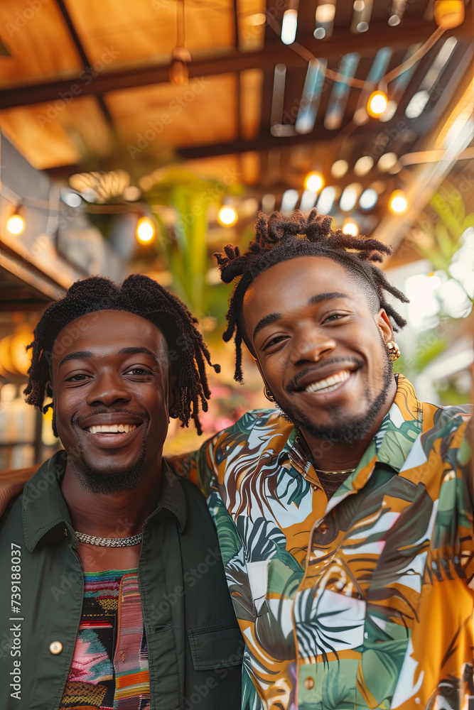 Two handsome American African young men taking photos together in a cafe