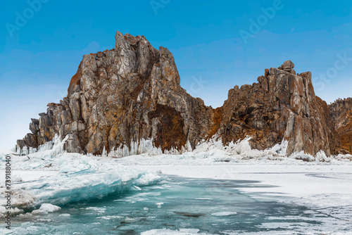 View of Shamanka rock on a sunny winter day. Lake Baikal  Olkhon island. Eastern Siberia  Russia