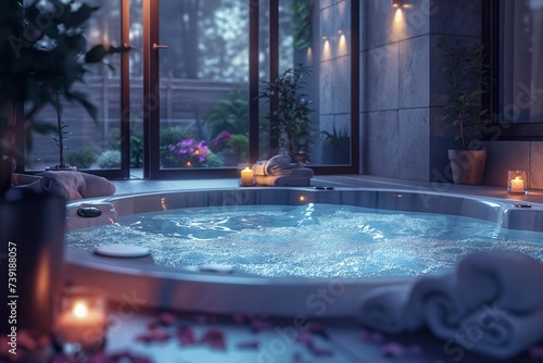 a luxurious spa with a jacuzzi and a candle © AI ARTISTRY
