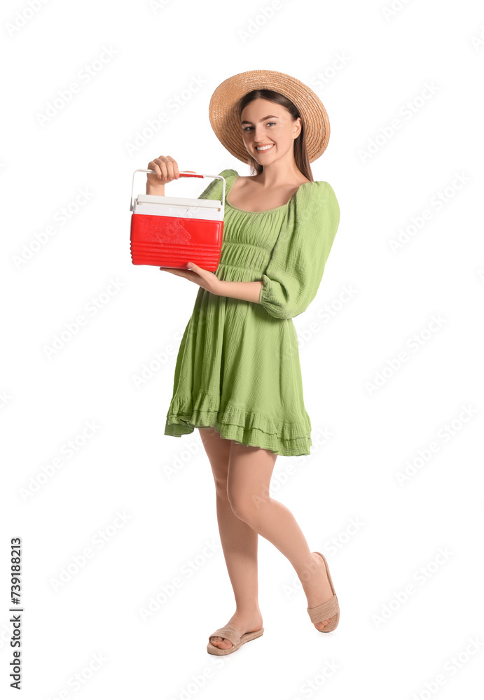 Happy young woman with plastic cool box isolated on white Happy young woman with plastic cool box isolated on white