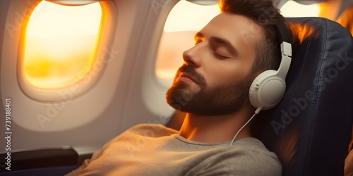 Content man napping with headphones on during flight enjoying peaceful sleep. Concept Travel, Comfort, Relaxation, In-flight Activities, Peaceful Sleep