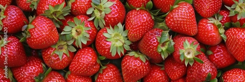 Top view of abundance of fresh red strawberries piled on background, juicy berry harvest concept