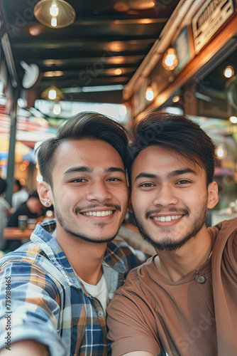 Two handsome Malay young men taking photos together in a cafe