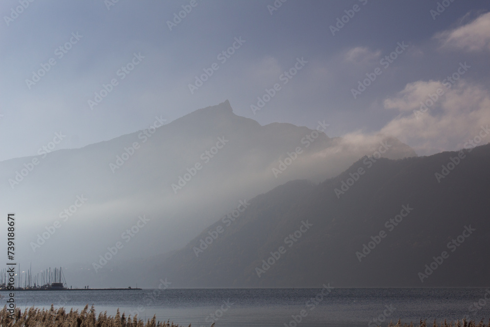 fog on the lake du Bourget with mont Dent du chat