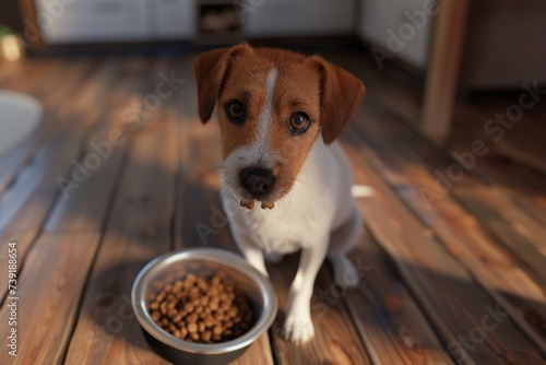 An attentive Jack Russell Terrier looks up expectantly, waiting to eat from a full bowl of dog food on a wooden floor..