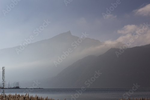 fog on the lake du Bourget with mont Dent du chat photo