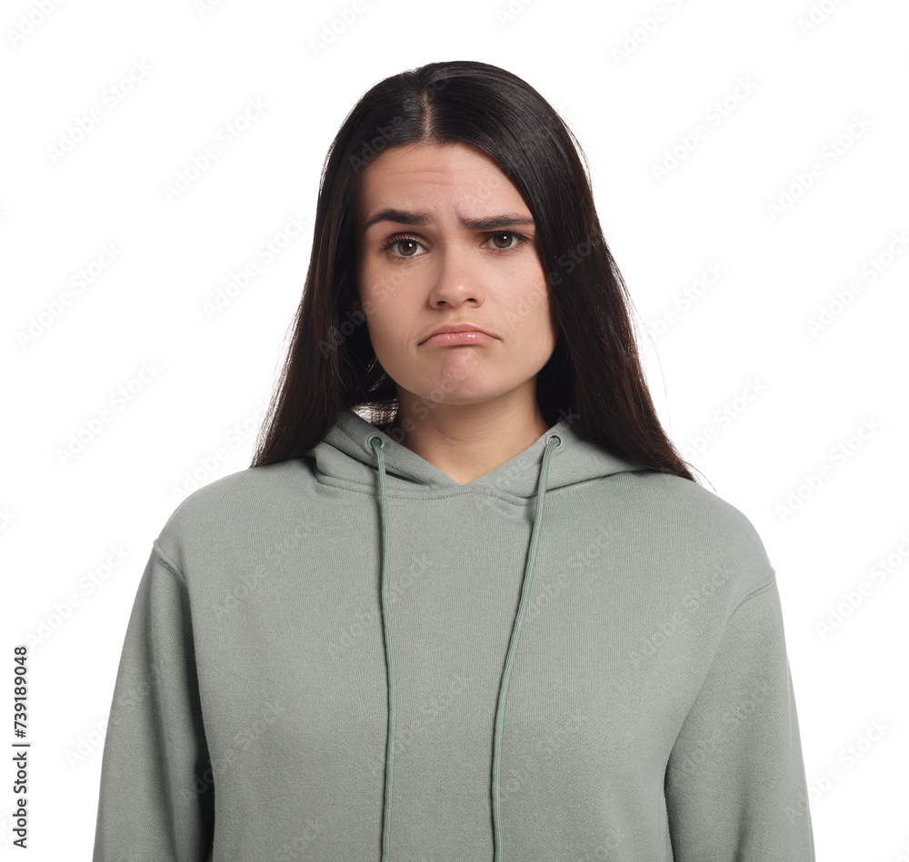 Sadness. Unhappy woman in hoodie on white background Sadness. Unhappy woman in hoodie on white background