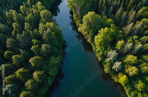 aerial view of green forest and river © Magic Art