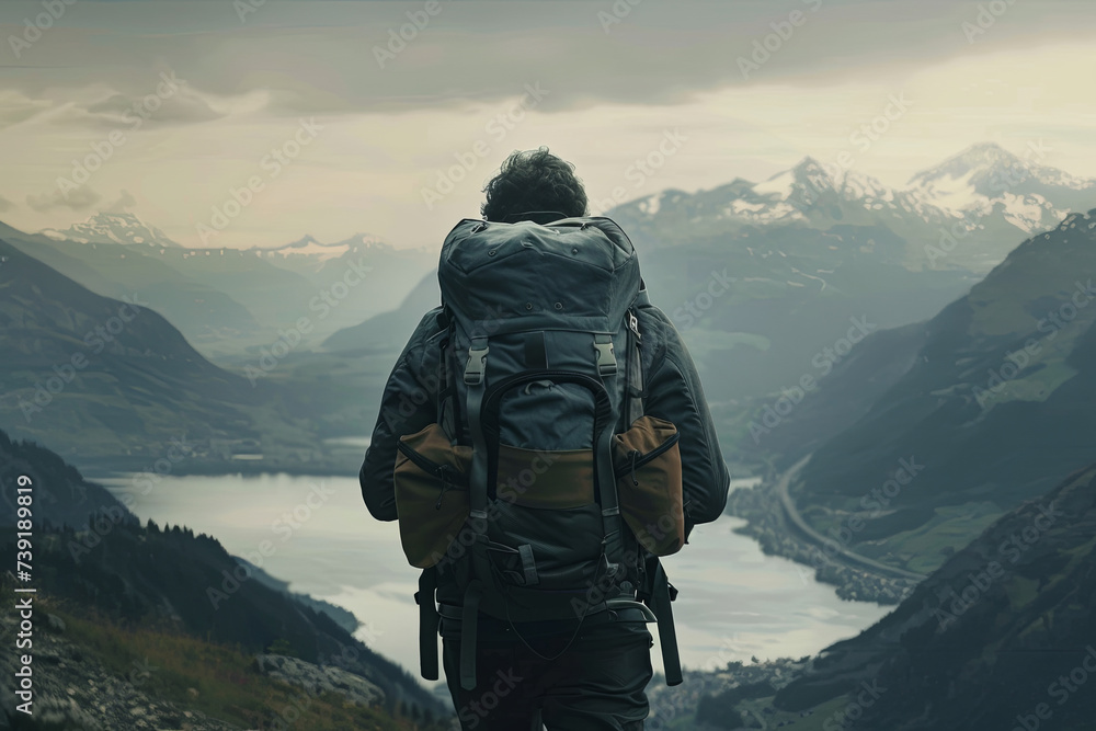 A man carrying a backpack travels and explores the beautiful nature sceneries A man carrying a backpack travels and explores the beautiful nature sceneries