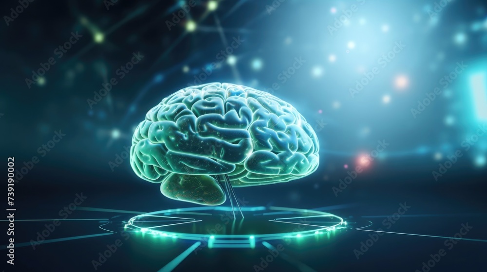 A close-up of the brain, on a blurred background. The human brain has a futuristic background. Rays, energy from the brain, the movement of neurons. A close-up of the brain, on a blurred background. The human brain has a futuristic background. Rays, energy from the brain, the movement of neurons.