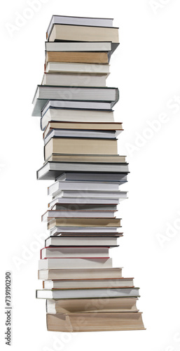 High stack of many different books isolated on white