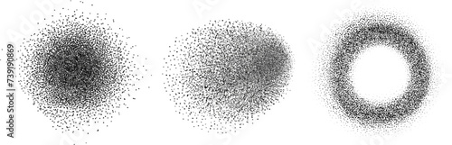 Gradient noise grain texture stains, black and white dotted spray shades, and sand dust spots.Halftone splatter forms forming dark lack stipple grain smoke or steam.