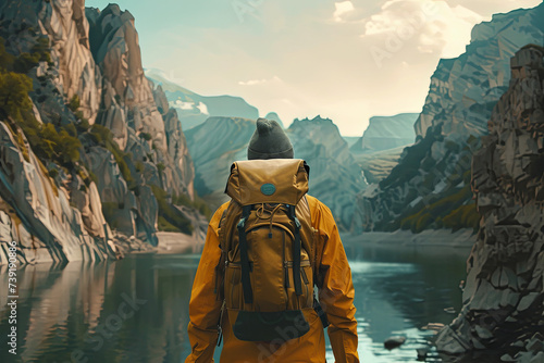 A man carrying a backpack travels and explores the beautiful nature sceneries photo