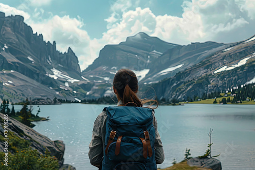 A woman carrying a backpack travels and explores the beautiful nature sceneries