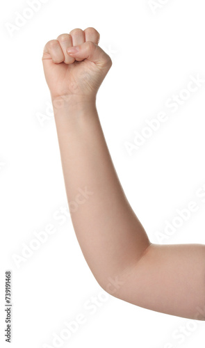 Playing rock, paper and scissors. Woman showing fist on white background, closeup