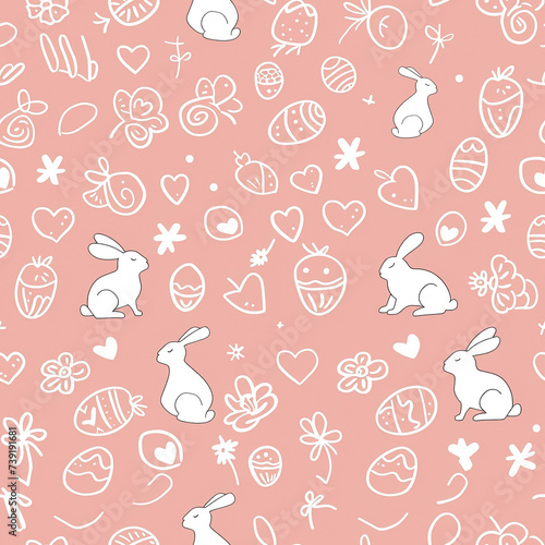 Seamless Easter pattern of white rabbits, hearts and eggs on pink background.