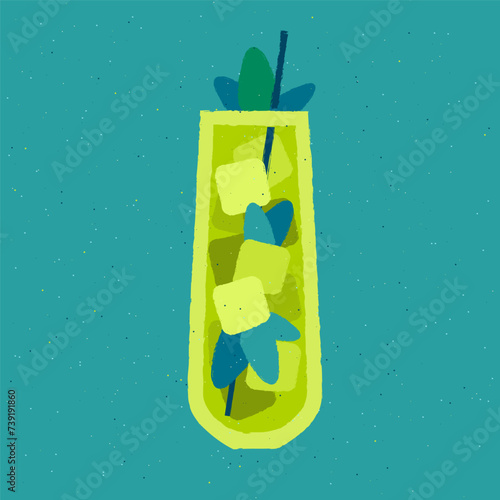 Green cocktail with soda, mint, ice cubes. Bright cool summer drink in high glass. Alcohol drink for bar. Cold soft liquid in tall glass. Non-alcoholic beverage. Flat vector illustration with texture