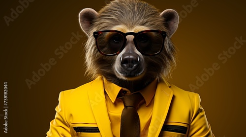 A sophisticated bear dons a tailored suit and stylish glasses, exuding modern elegance against a solid yellow background.  © Shani