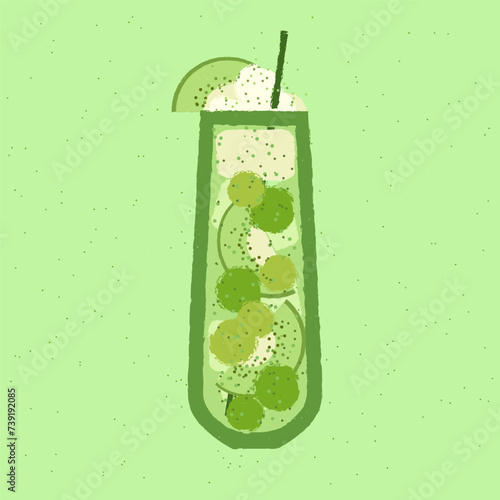 Green cocktail with kiwi, grapes and whipped cream. Fruit mocktail. Alcohol drink for bar. Cold soft liquid in tall glass. High glass. Non-alcoholic beverage. Flat vector illustration with texture