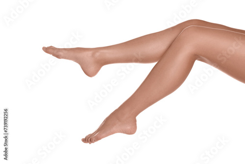 Woman with beautiful legs on white background, closeup