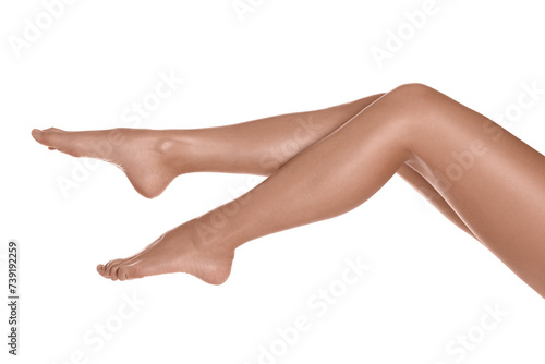 Woman with beautiful legs on white background, closeup photo