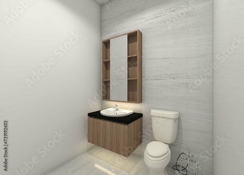 Minimalist Bathroom with Wooden Sink Cabinet and Box Mirror Cabinet